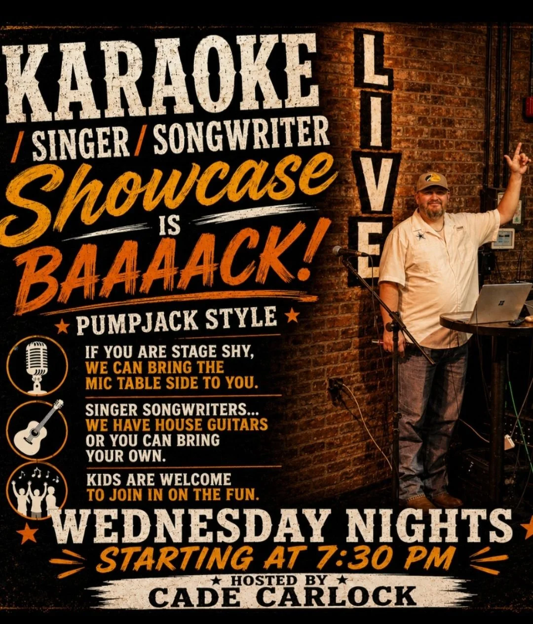Poster advertising a karaoke singer-songwriter showcase at Live venue on Wednesday nights starting at 7:30 PM, hosted by Cade Carlock, featuring house guitars, kids welcome, and mic table for shy participants.