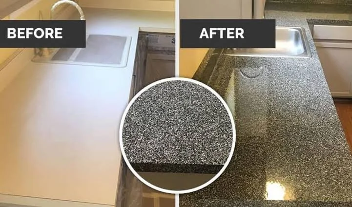 Comparison of a kitchen counter before and after cleaning or resurfacing. The 'before' side shows a dull, faded countertop, while the 'after' side shows a shiny, polished granite or similar material, with a closer view of the surface in the center.