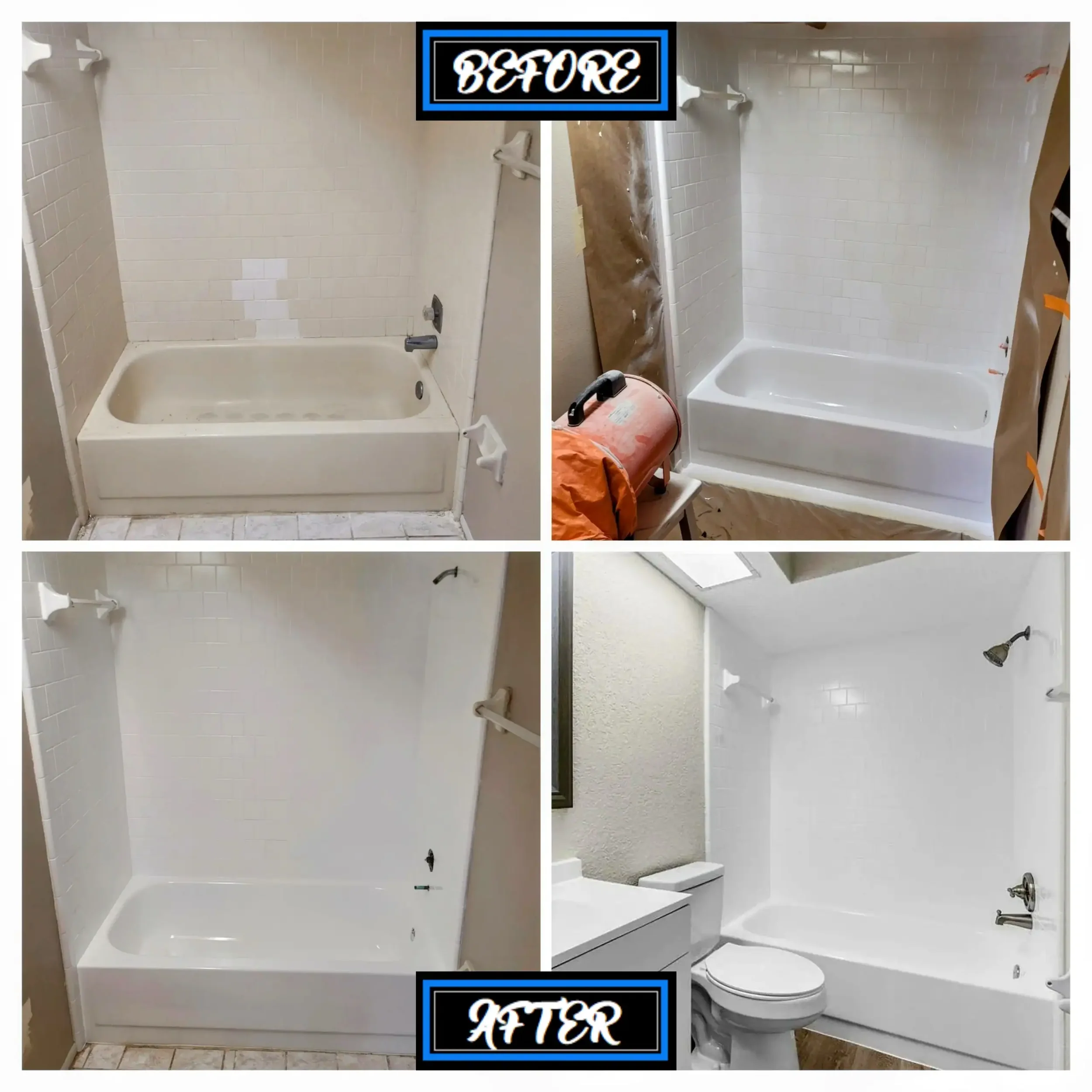 Comparison of a bathroom shower and bathtub before and after renovation. The 'before' side shows an older bathtub with beige tiles, while the 'after' side shows a modern, white bathtub, newly tiled walls, and updated fixtures.