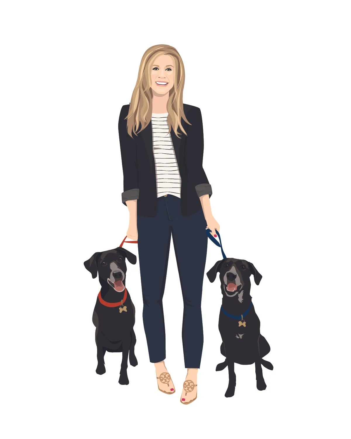 Illustration of a woman in casual clothes holding two dogs on leashes.