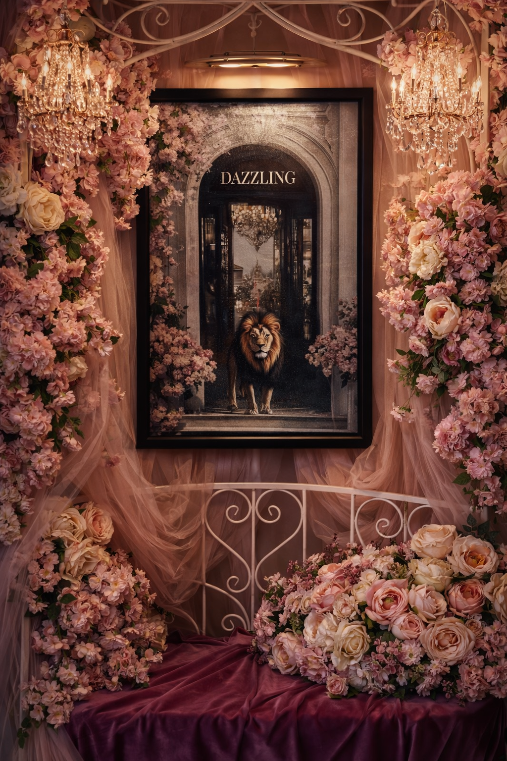 A decorative scene with pink flowers and chandeliers surrounding a framed picture of a regal lion walking through an archway, with the word "DAZZLING" at the top and pink drapery in the background.