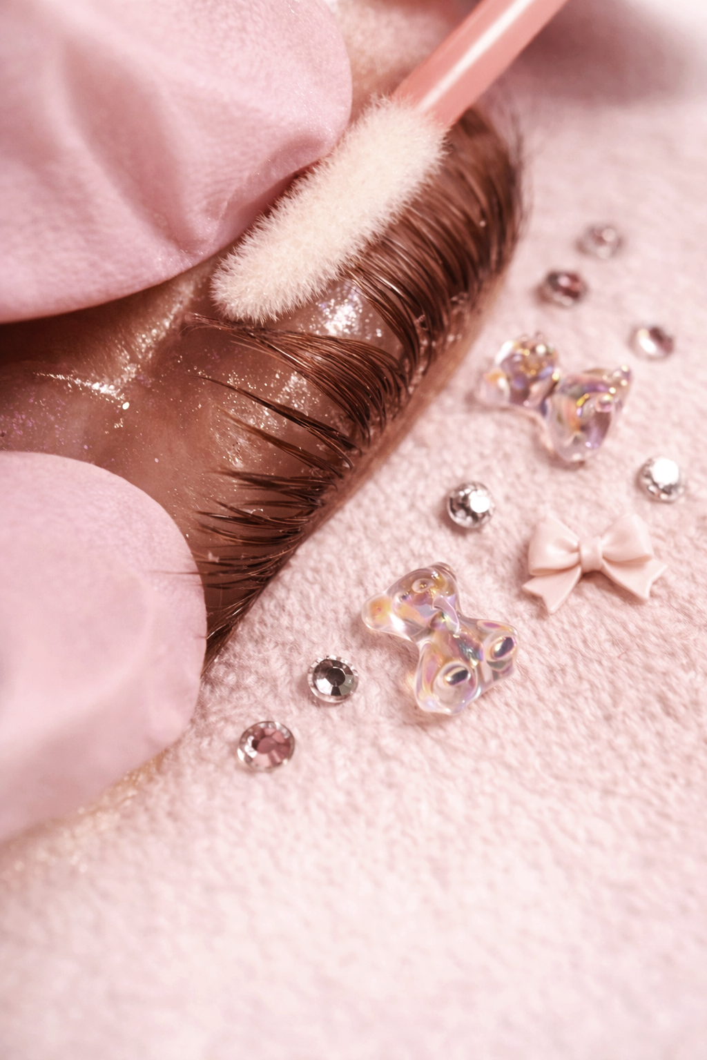 Close-up of an eyelash extension application with brown lashes on a pink surface, surrounded by decorative rhinestones, a small pink bow, and a fluffy applicator.