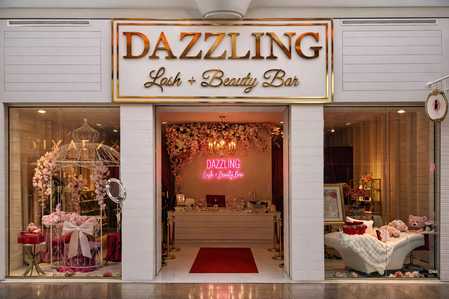 Front entrance of Dazzling Lash + Beauty Bar with a large sign above the door, decorated with pink flowers and a chandelier inside, glow neon sign in pink reading 'Dazzling Lash + Beauty Bar', and soft pink decor in the window displays.
