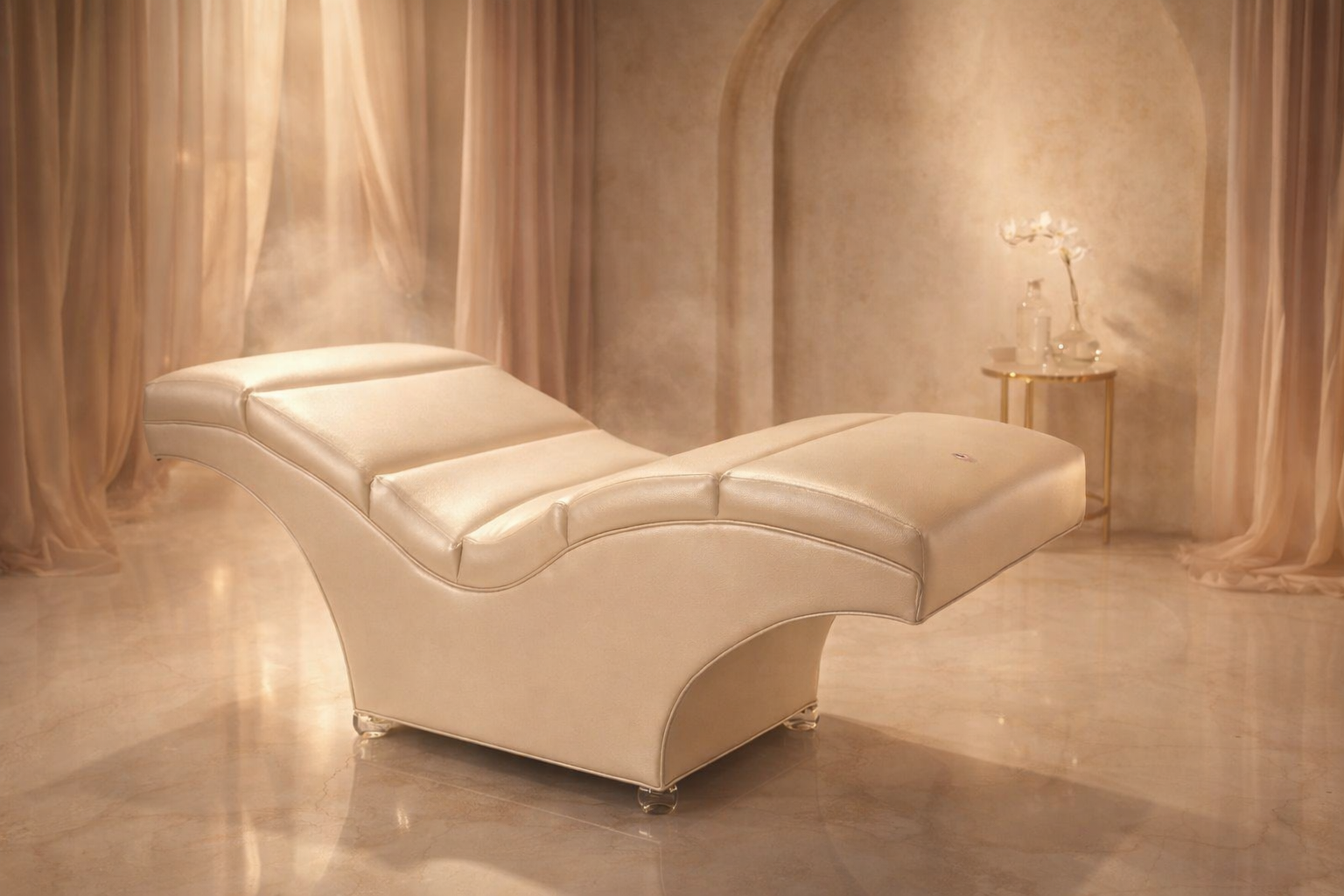 A luxurious cream-colored chaise lounge in a softly lit room with beige drapes and a small side table holding a glass bottle and a vase with white flowers.