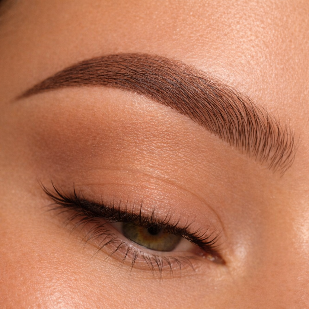 Close-up of a person's eye with well-groomed eyebrow, light eyeshadow, and long eyelashes.