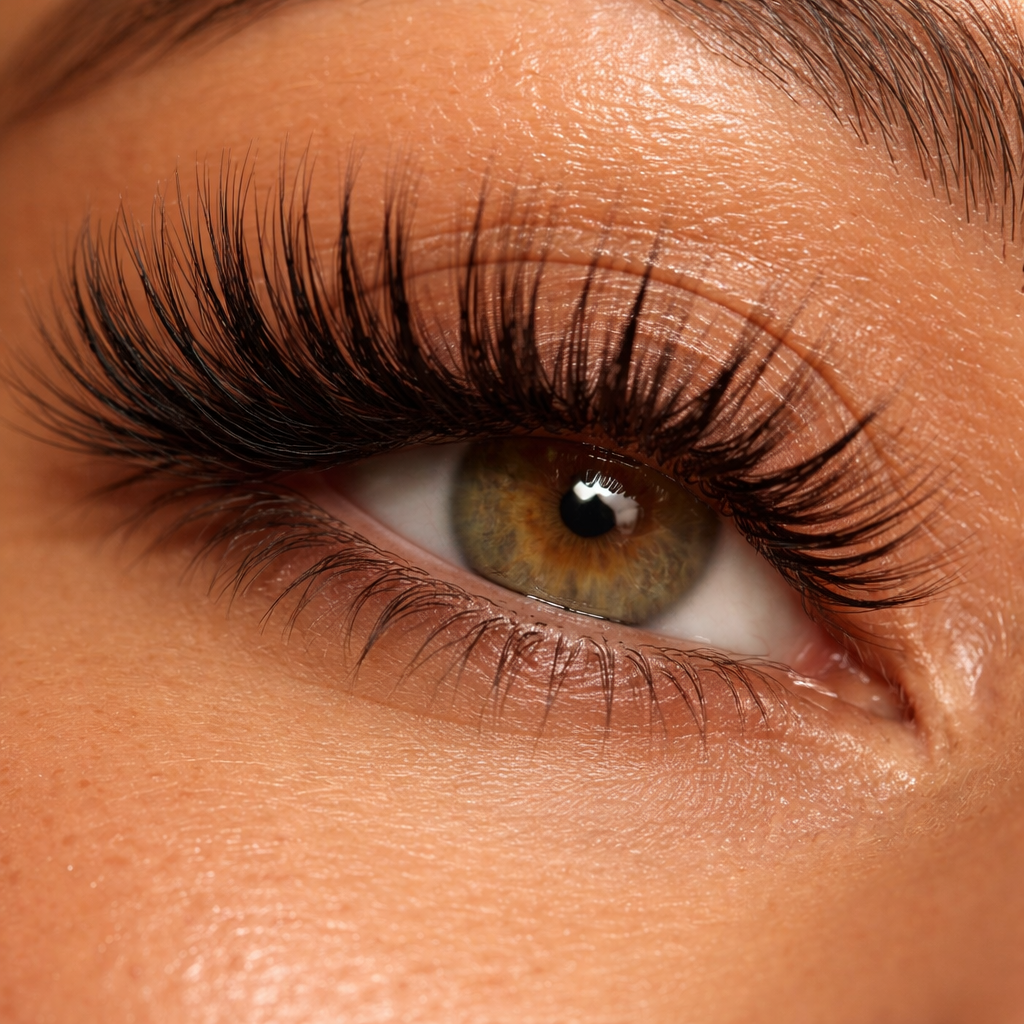 Close-up of a human eye with brown iris, long dark eyelashes, and smooth skin around the eye.