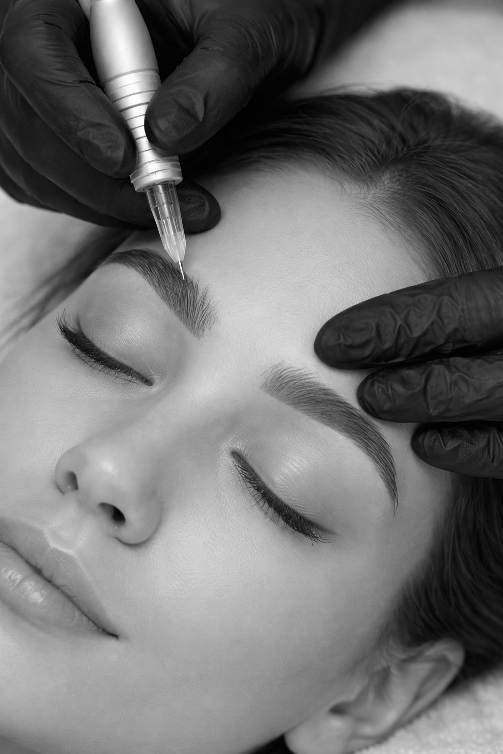 A woman receives a cosmetic eyebrow tattooing procedure, with a professional wearing black gloves using a tattoo pen on her eyebrow.