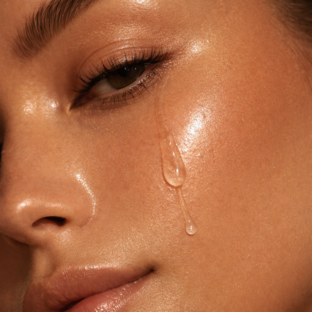 Close-up of a person's face with dewy skin, showing a tear running down their cheek.