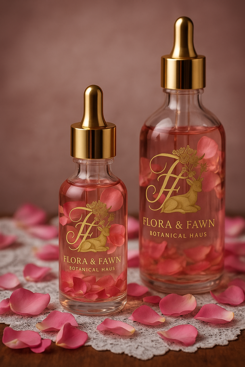 Two glass bottles with gold caps labeled "Flora & Fawn" containing pink liquid and floral decorations, surrounded by pink rose petals on a lace cloth.