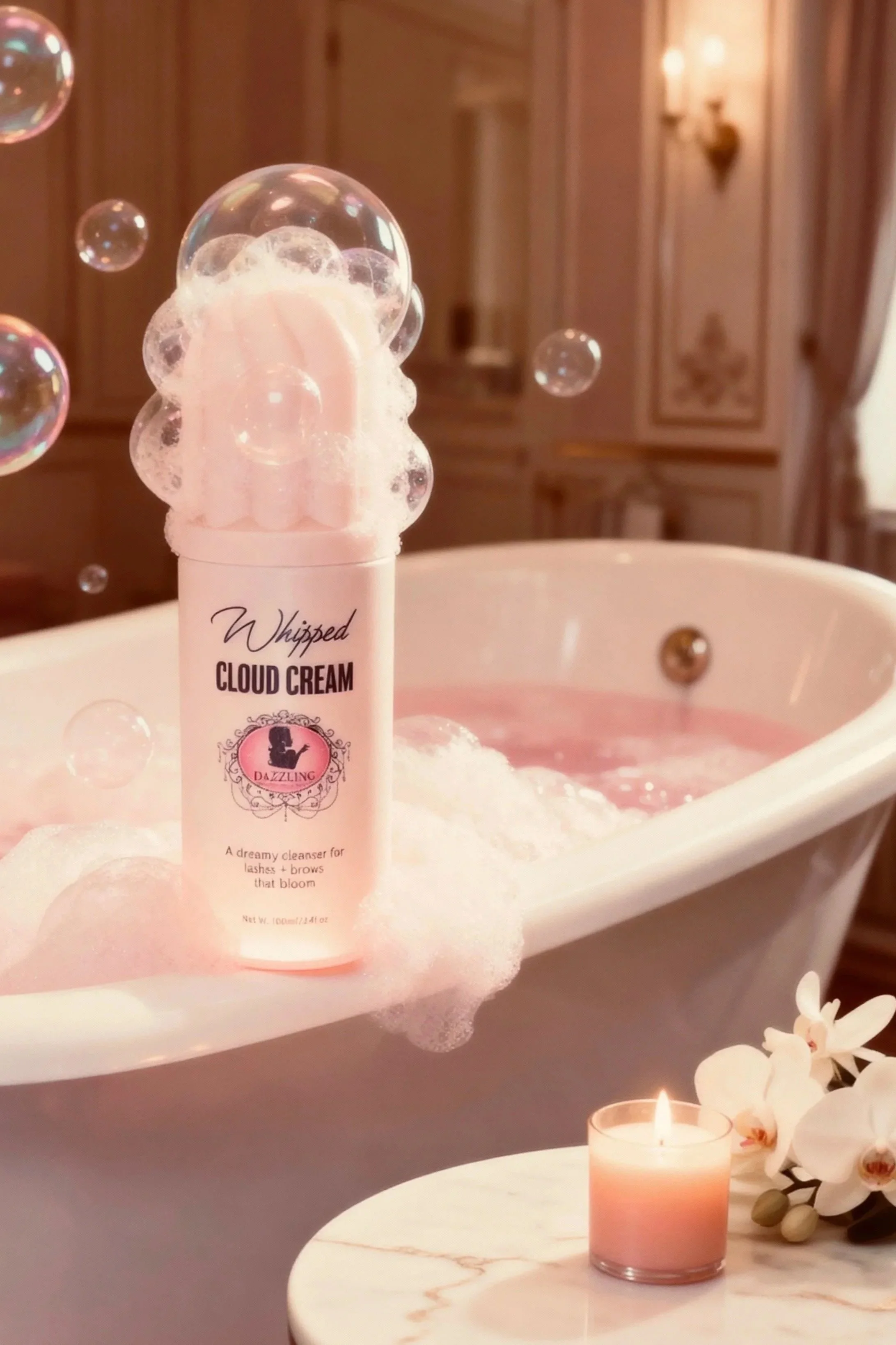 Pink cloud cream cleanser with bubbles, placed on the edge of a bathtub filled with pink water, with a lit pink candle and white flowers nearby in a luxurious bathroom.