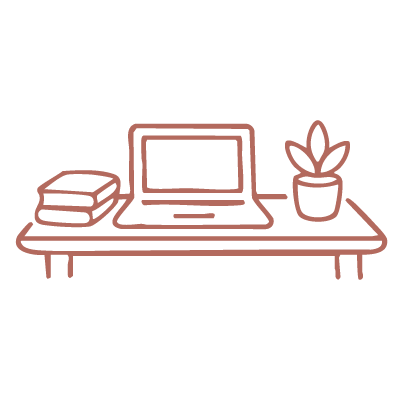 Minimalist line drawing of a desk with books, a laptop, and a potted plant.