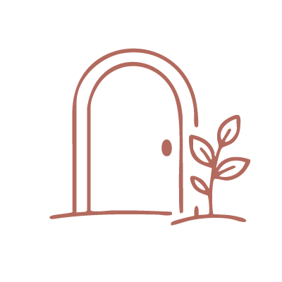 Simple line drawing of a door with a small plant growing next to it.