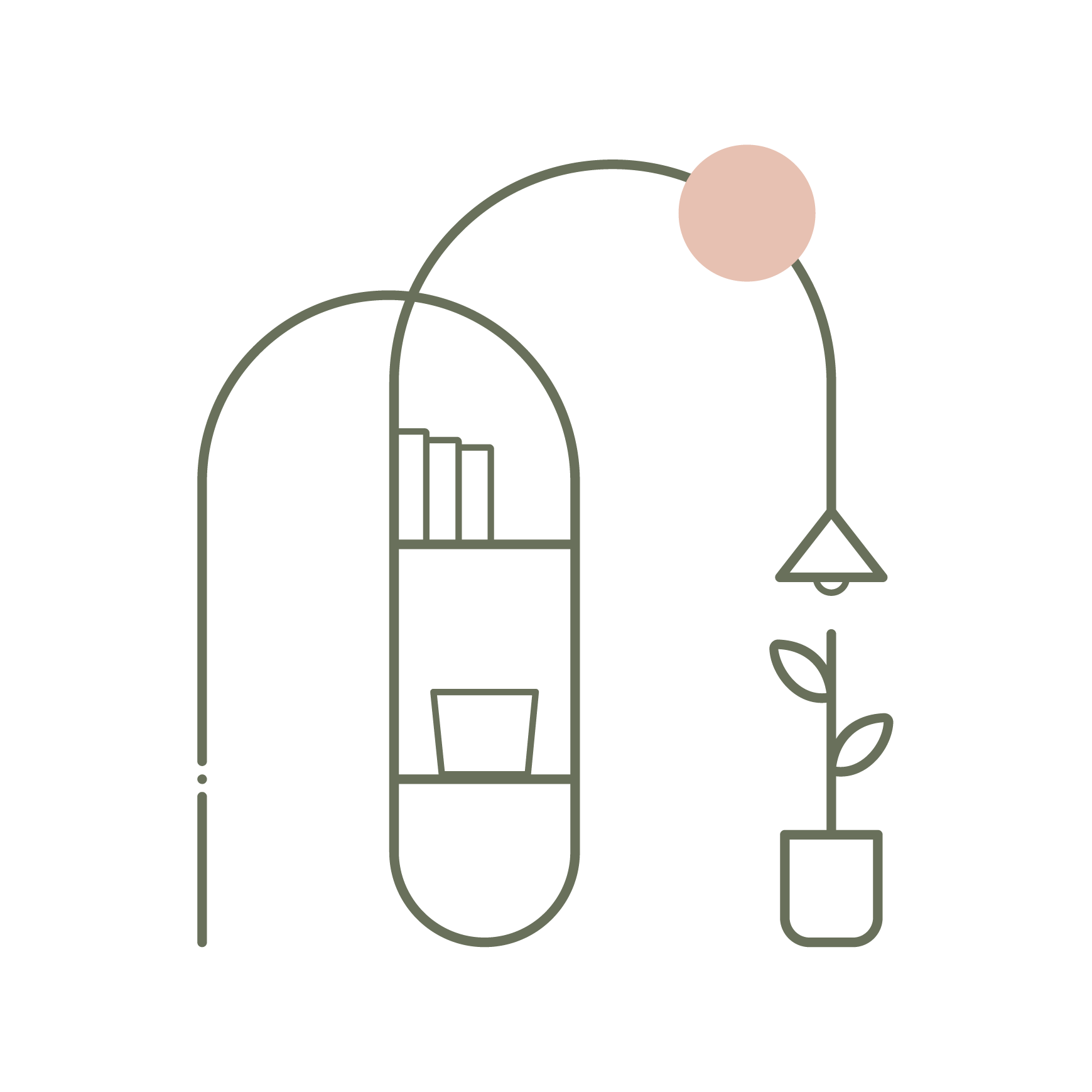 Outline drawing of indoor plants and decorative objects including a hanging lamp, potted plant, and shelves on a black background.