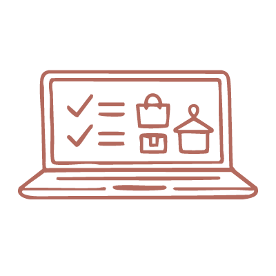Line drawing of a laptop screen showing checkmarks, a shopping bag, a box, and a hanging clothes rack.