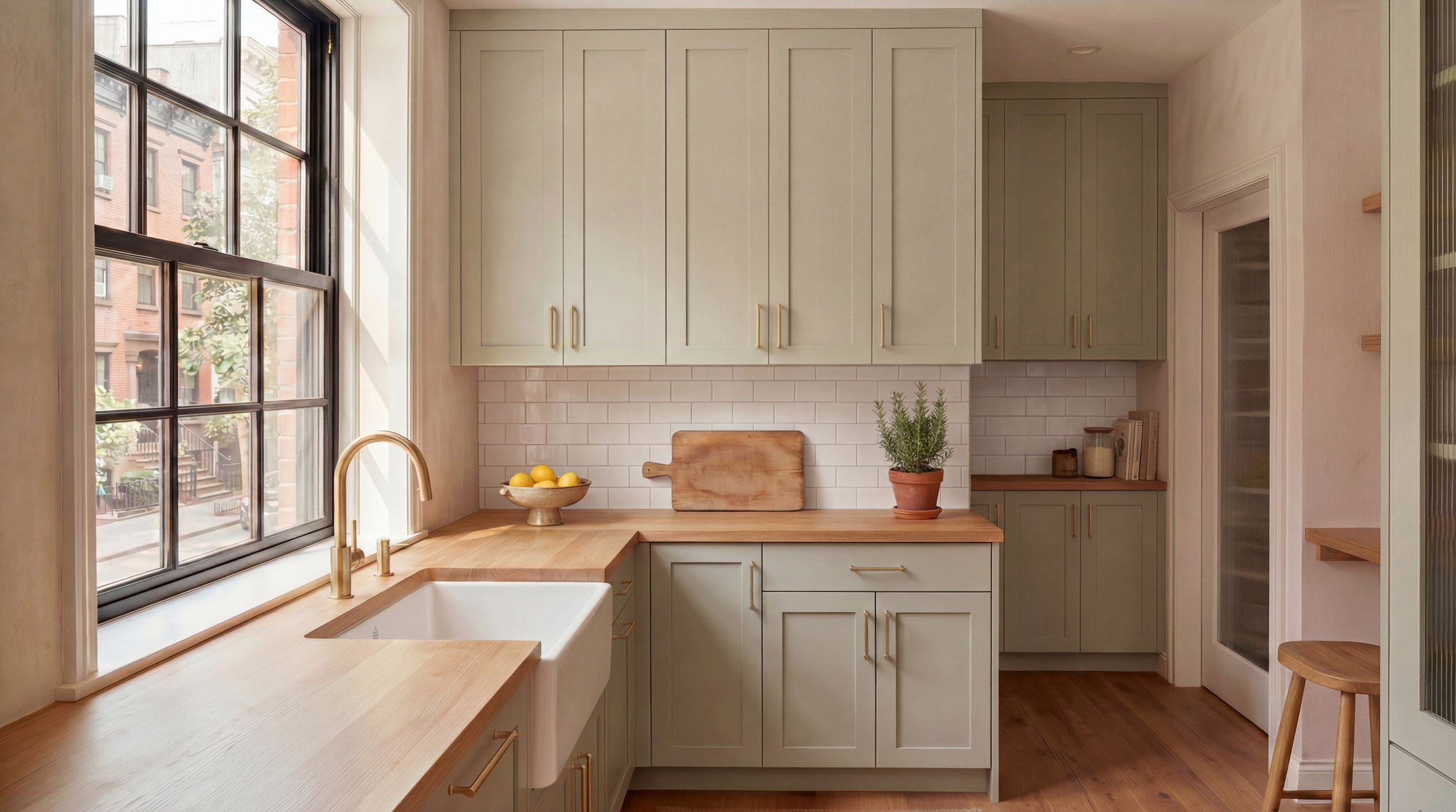 A cozy kitchen with light mint green cabinets, a white subway tile backsplash, a wooden countertop, a window with black frames, a white farmhouse sink, a bowl of lemons, a cutting board, a potted herb, and a corner with books and jars.