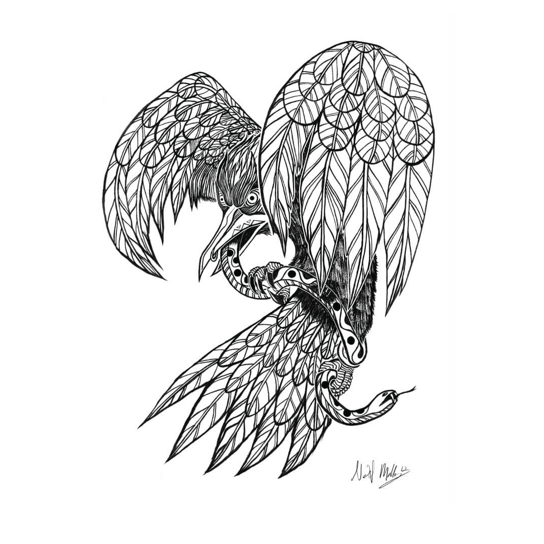 Illustration of a bird with a snake