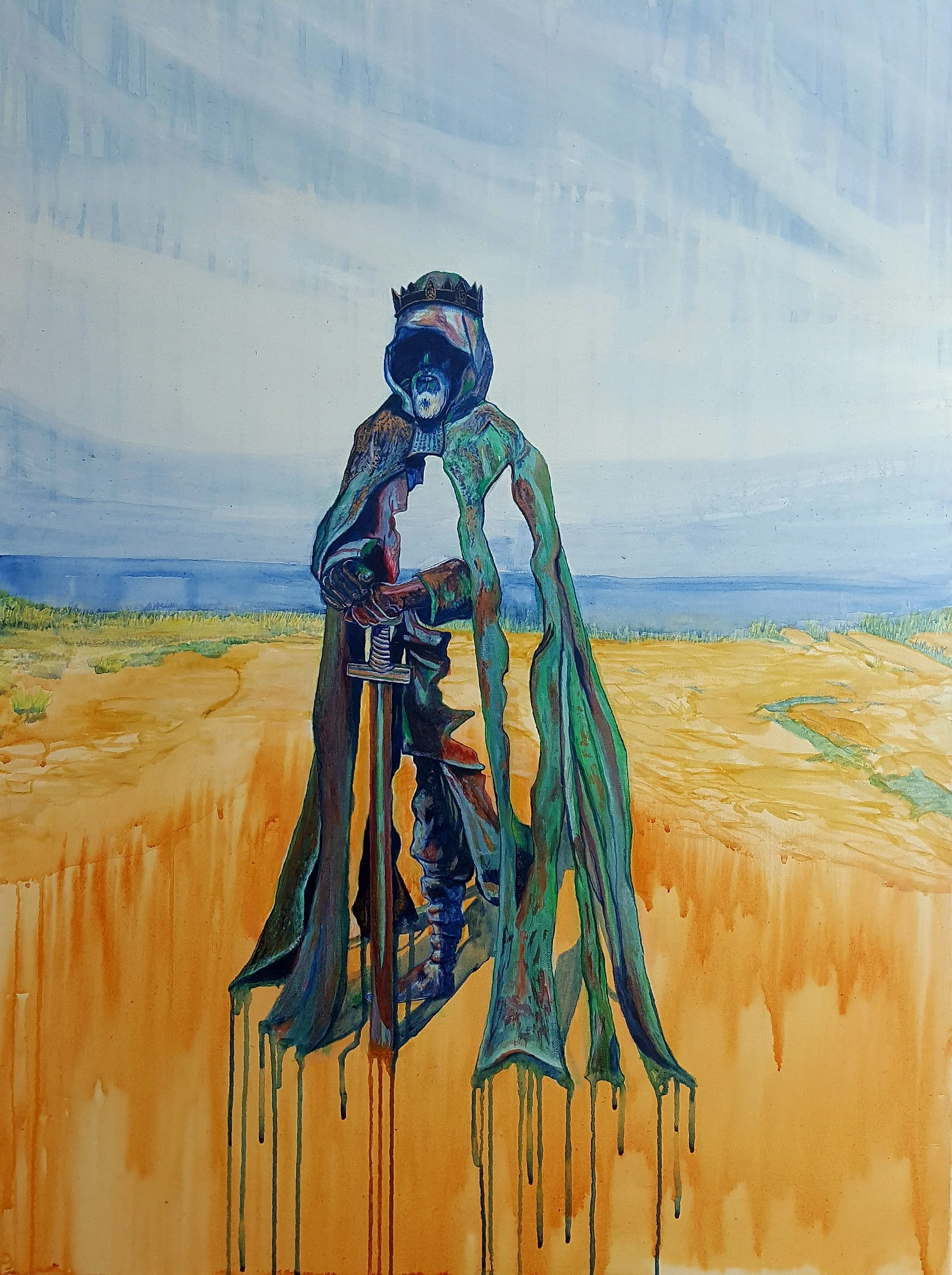 Painting of King Arthur floating above some grasses near the ocean.