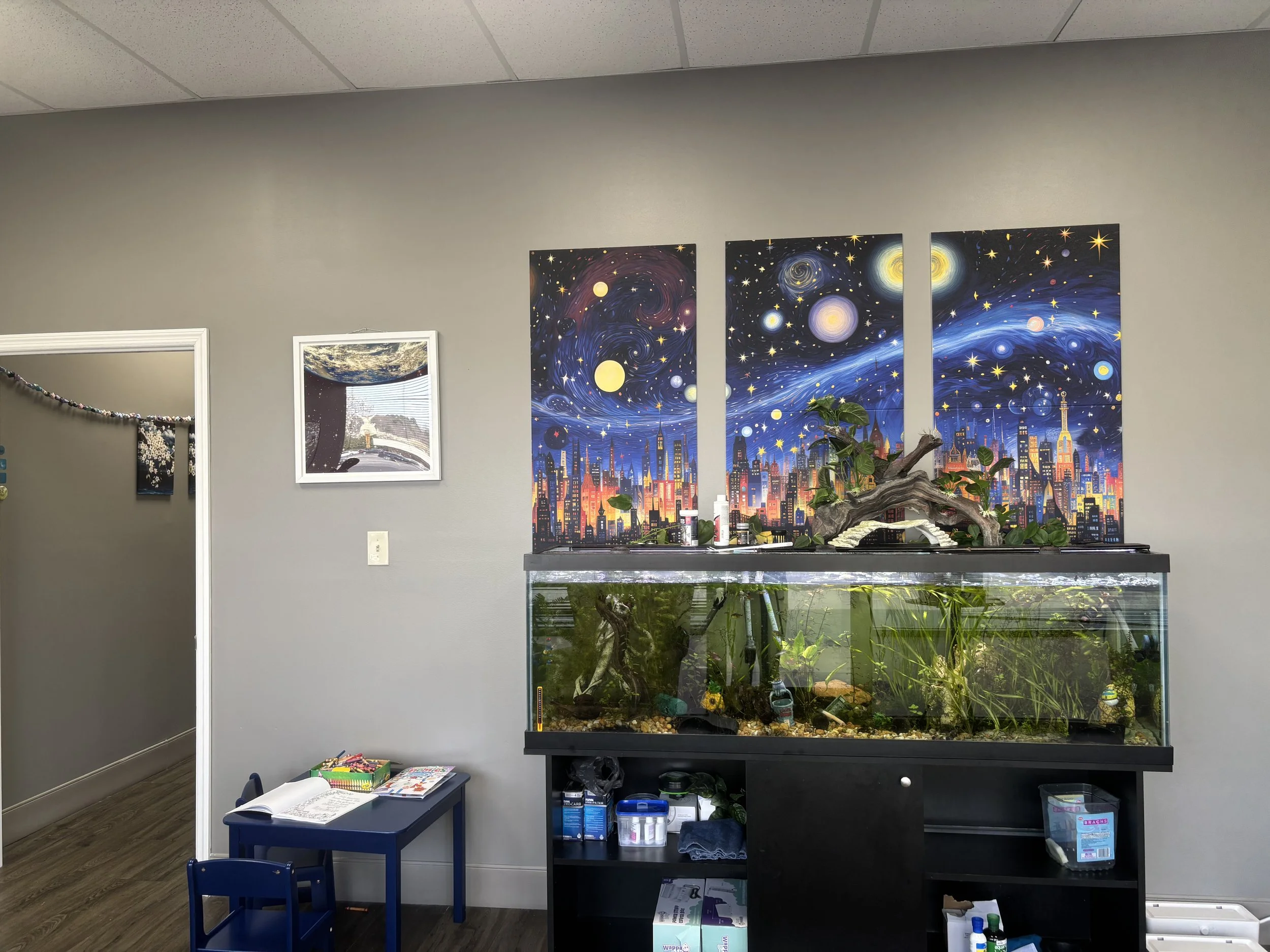 Decorated wall with galaxy-themed artwork, an aquarium with green plants, and a small blue table with art supplies, in a room with wood flooring.