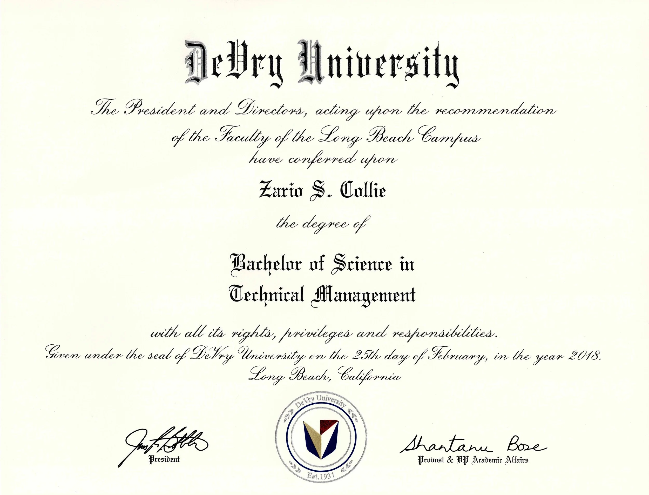 Bachelor of Science in Technical Management from DeVry University
