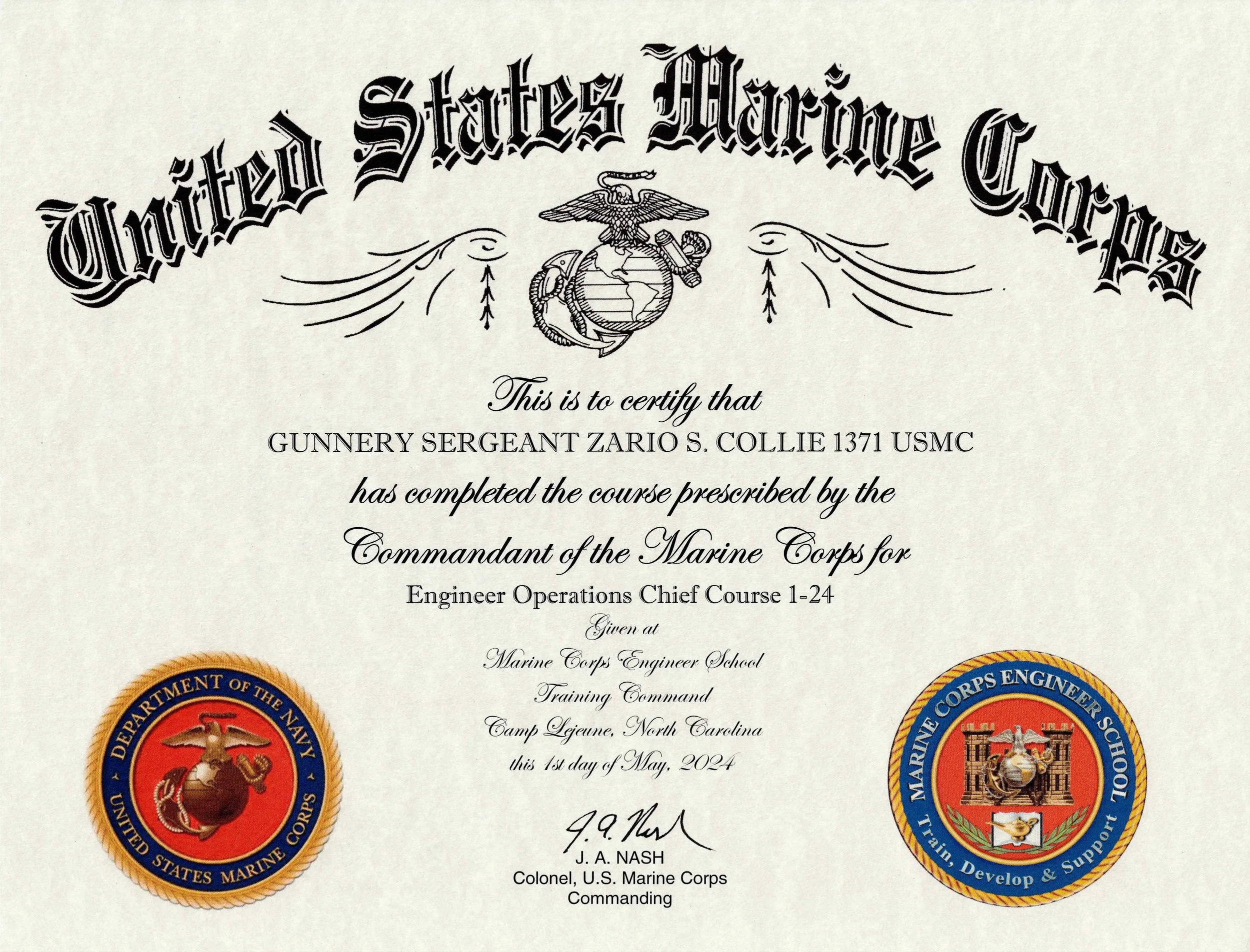 200 hours of engineer planning and execution, facilities contruction process, management of engineer projects/operations and administrative services.