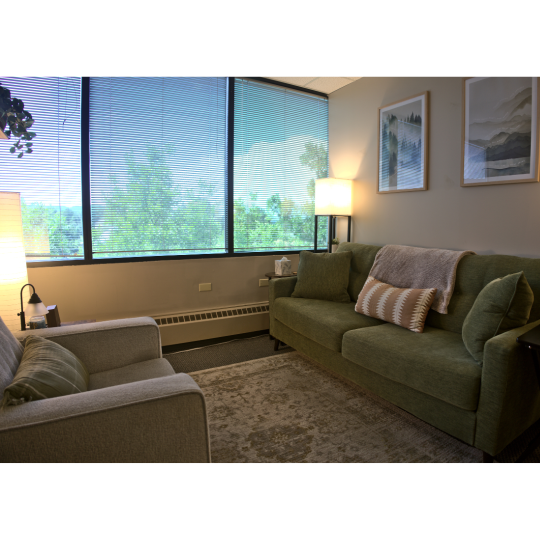 Living room with a green sofa, beige armchair, large window with blinds, framed artwork on the wall, and a lamp.