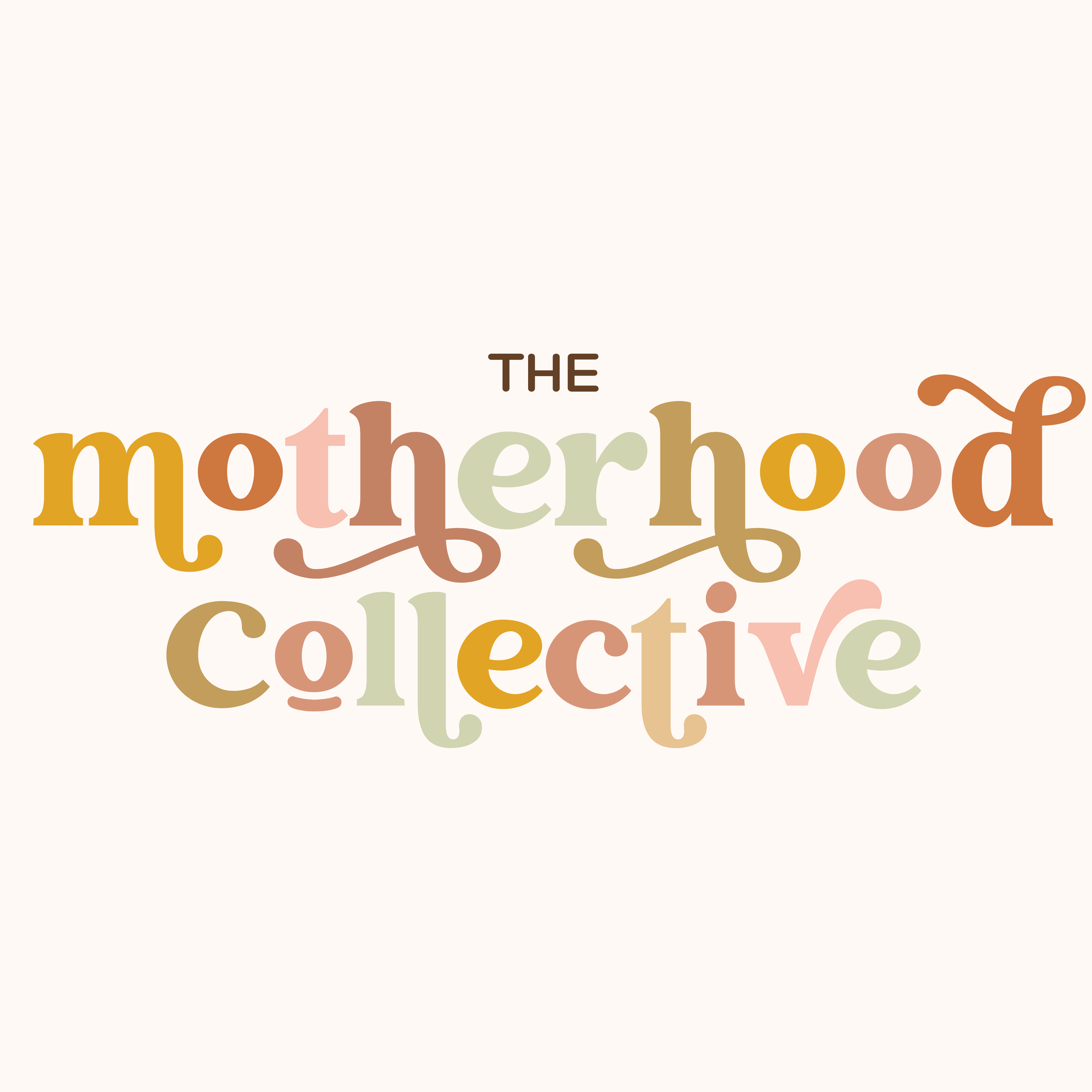 Text in multicolored letters reading 'The motherhood collection' on a white background.