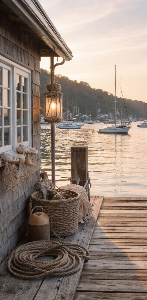 A rustic dockside scene at sunset with a wooden building, a lantern, woven baskets, coiled rope, and sailboats in a harbor