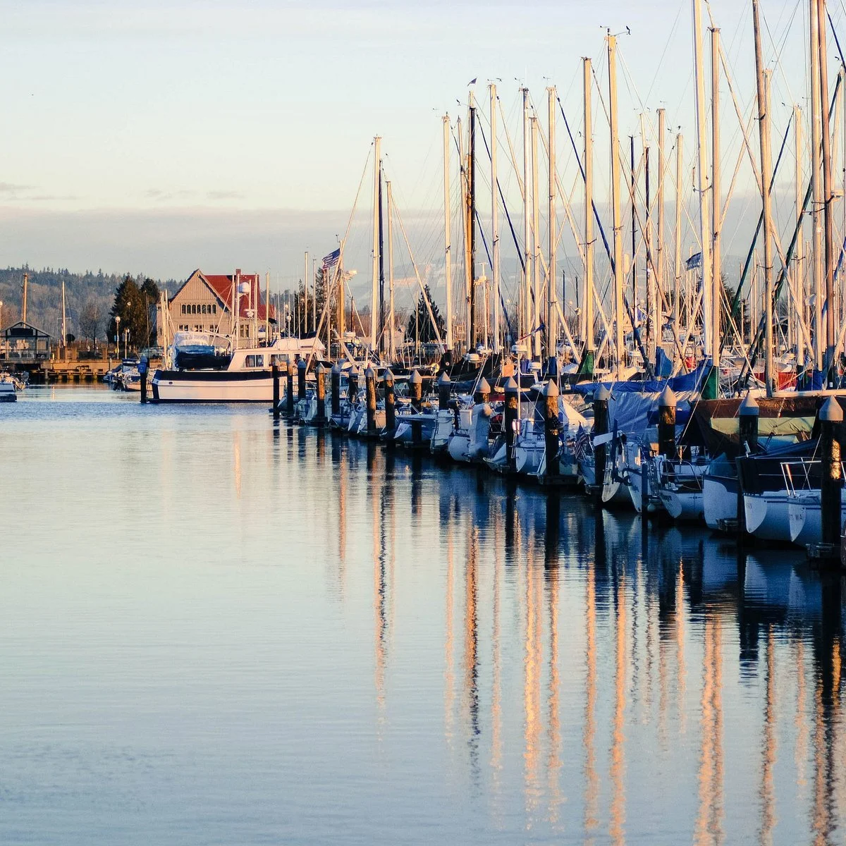 A marina with numerous sailboats and yachts docked, with reflections on calm water during sunset.