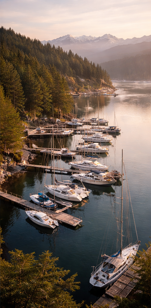 Marina with several boats docked along wooden piers, surrounded by forested hills and mountains in the distance during sunset