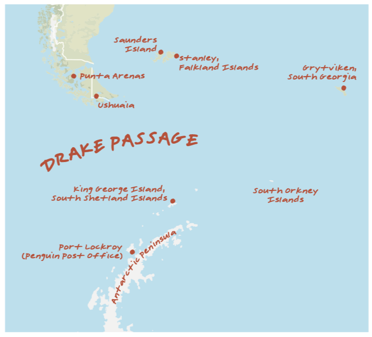 Map showing locations around Antarctica and southern South America, including Saunders Island, Stanley, Falkland Islands, Punta Arenas, Ushuaia, Grytviken, South Georgia, South Orkney Islands, King George Island, South Shetland Islands, Port Lockroy, and Antarctic Peninsula with the title "Drake Passage".