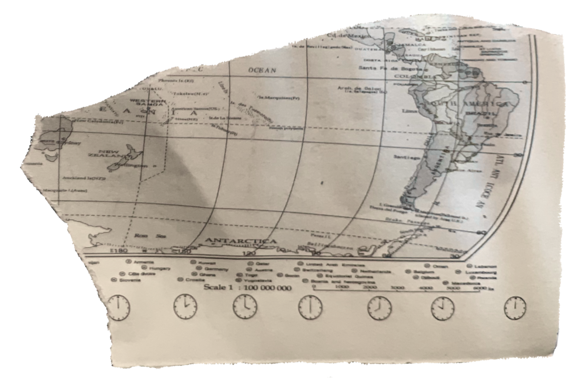 A torn, aged world map showing South America and part of Antarctica with latitude and longitude lines, country names, and a scale indicating 1:100 million.