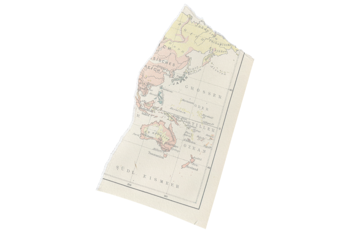 A torn, vintage map of East Asia showing Japan, Korea, China, and parts of Southeast Asia and Australasia.