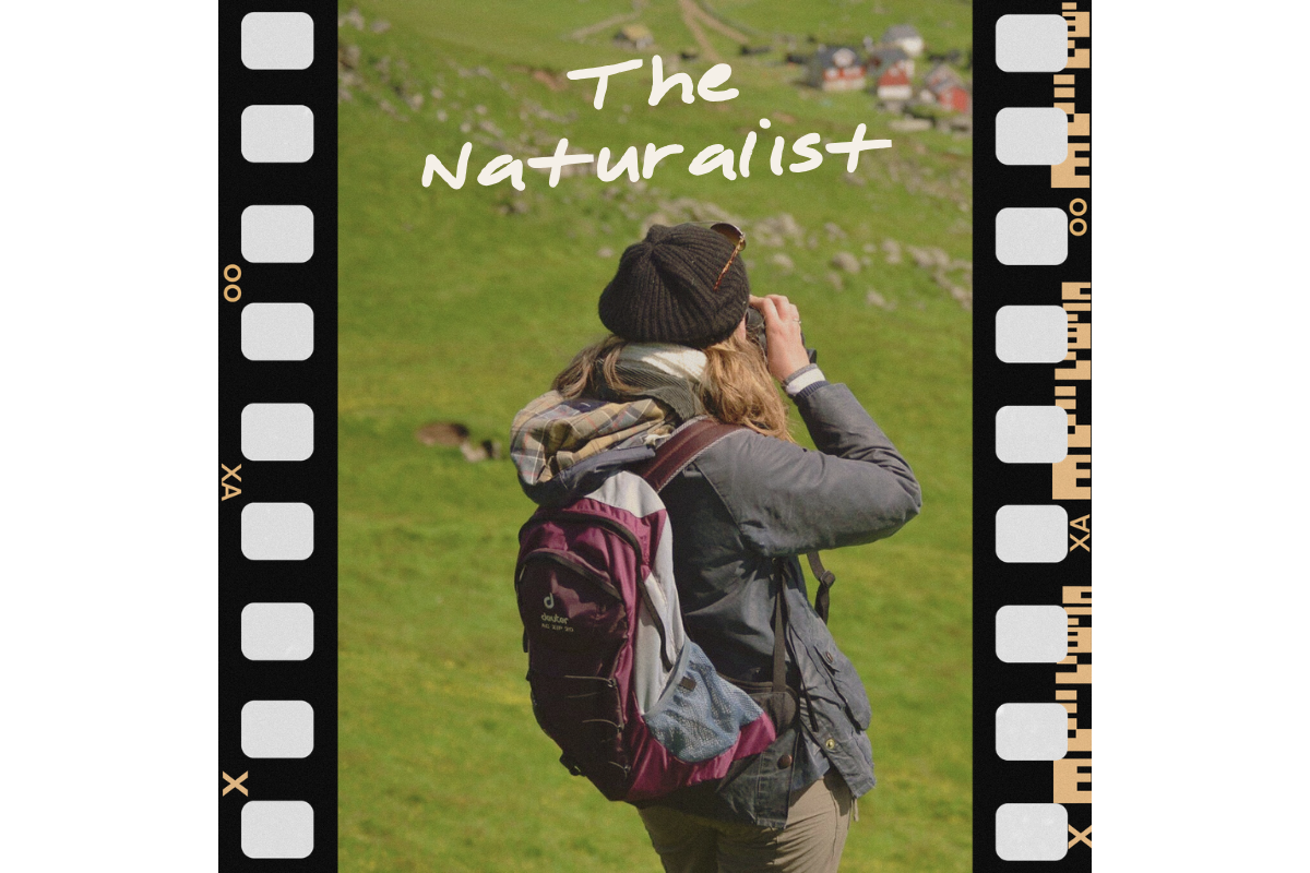 A woman with long blonde hair, wearing a black beanie, gray jacket, and tan pants, stands outdoors on a grassy hillside, taking a photograph with her camera. She has a purple and gray backpack on her back. The landscape behind her features green grass and small buildings or cabins. The text 'The Naturalist' is written in white, casual font at the top of the image.