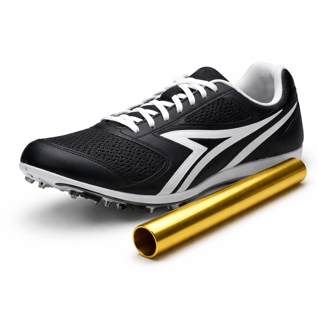 A black and white athletic shoe next to a gold-colored cylindrical object on a white background.