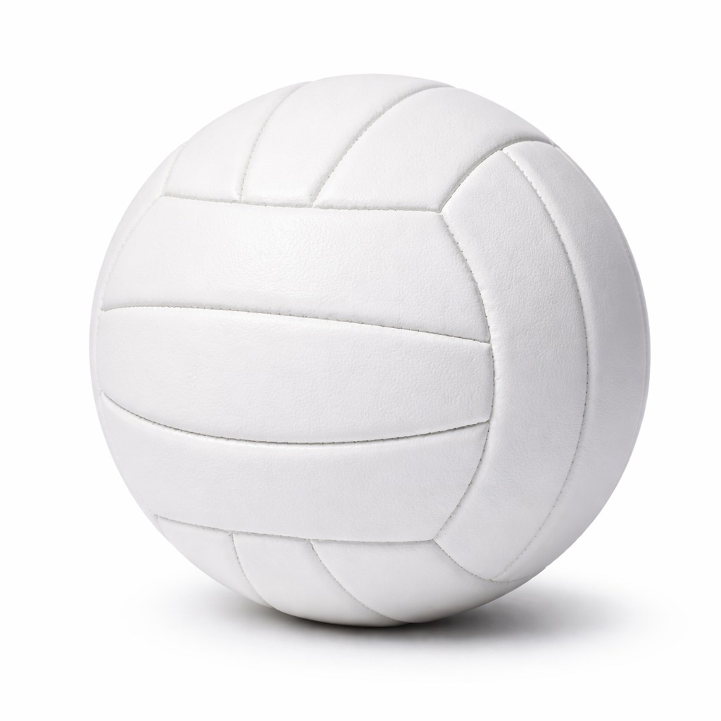 A white volleyball with stitched panels on a plain white background.