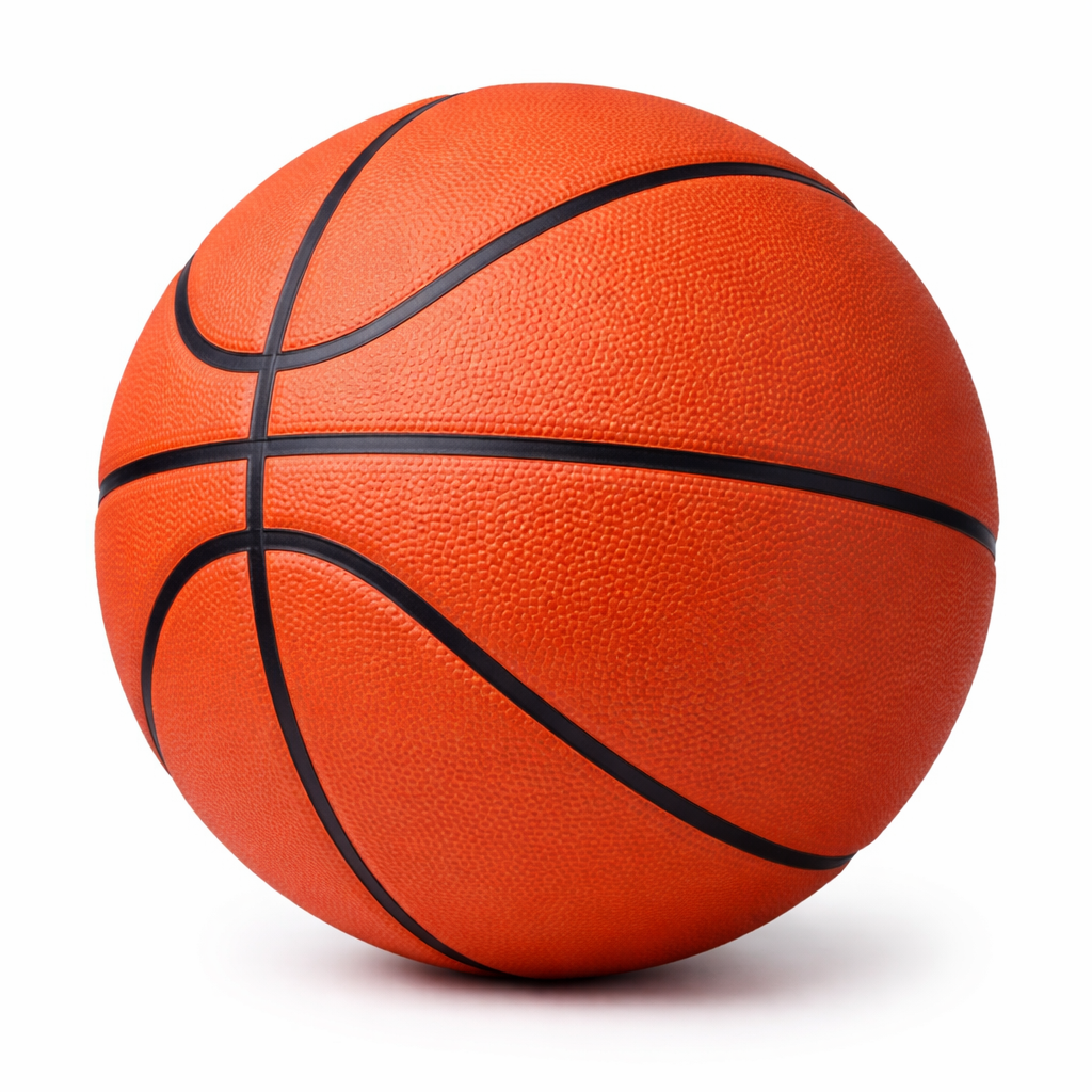 An orange basketball with black lines on a white background.