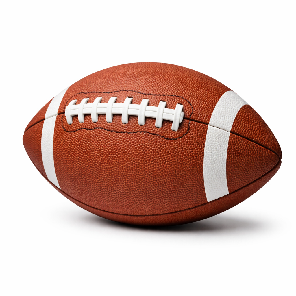A close-up of an American football with white laces and stripes on a white background.