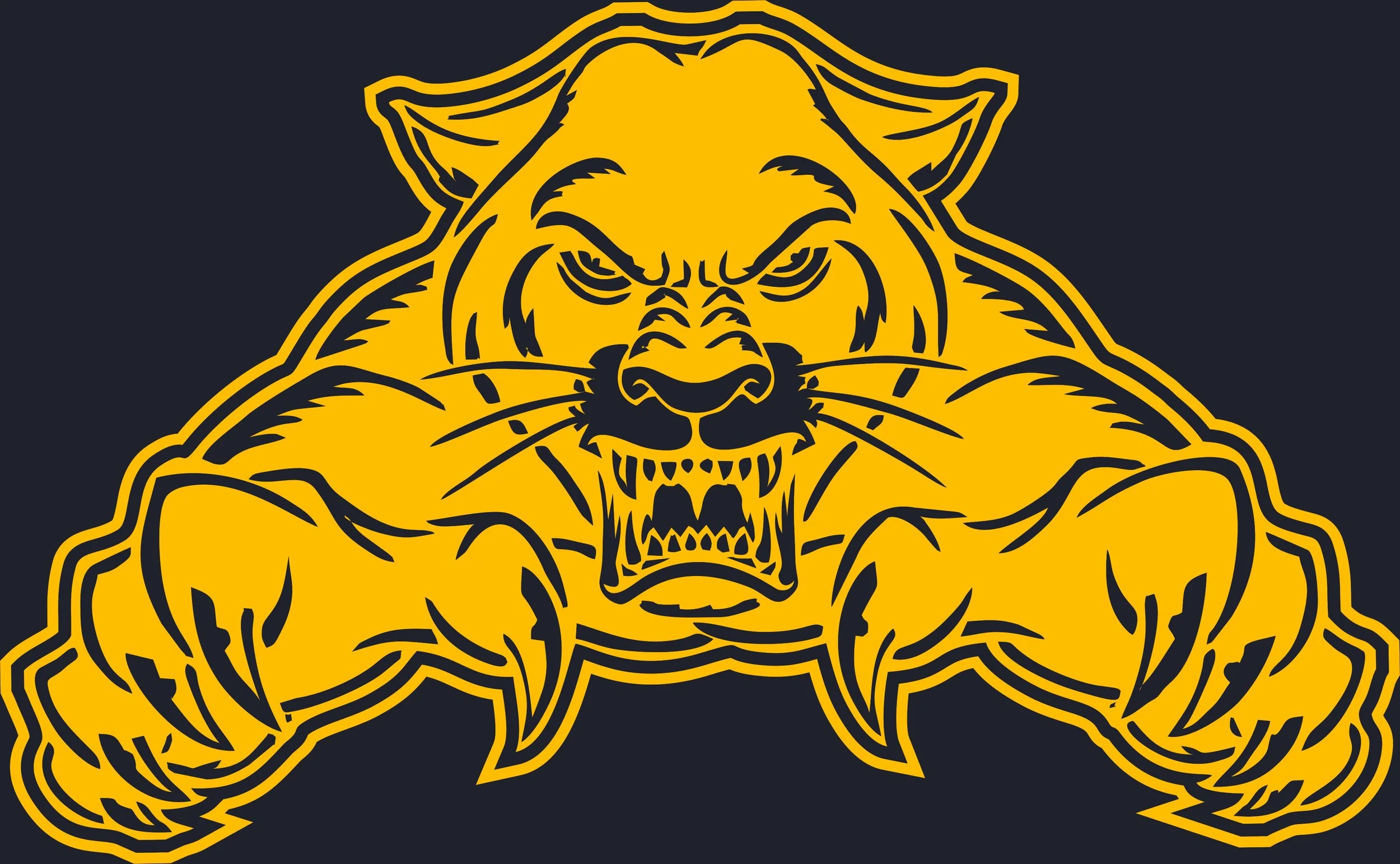 A fierce yellow and black illustration of a tiger's head with muscular arms, showing bared teeth and an aggressive expression, set against a dark background.