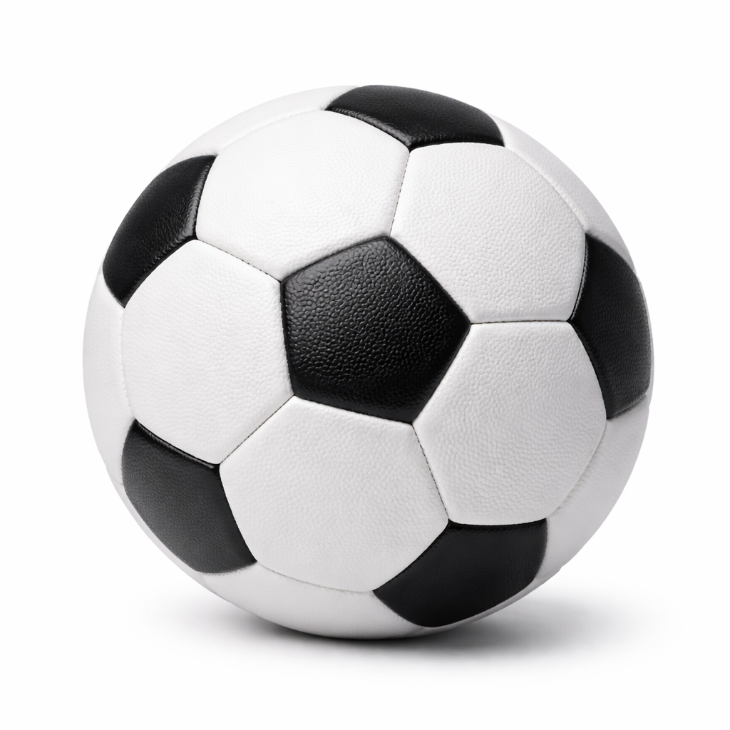 A black and white soccer ball with classic pentagon and hexagon pattern on a white background.