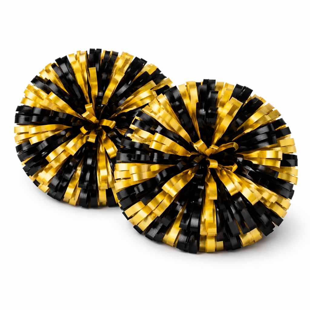 Two black and gold metallic pom-poms