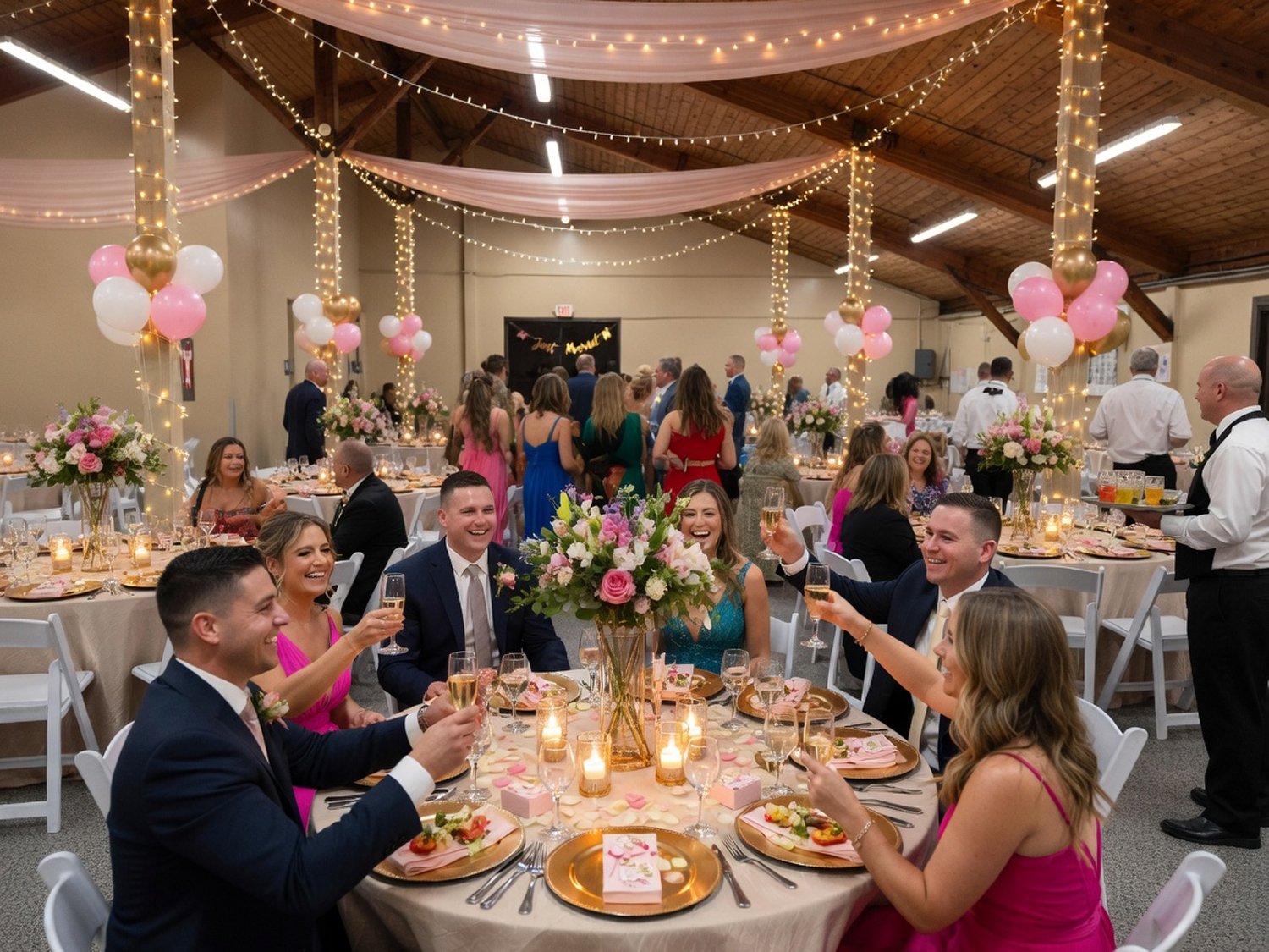 Back Hall banquet and celebration setup at the FDES Portuguese Hall of Monterey with decorated tables, string lights, and guests.
