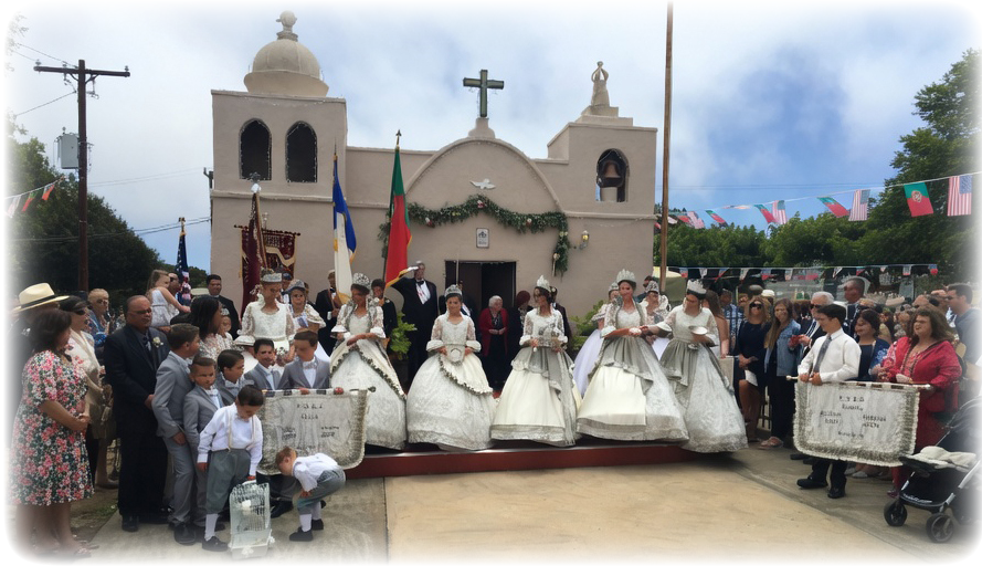 Festa do Divino Espírito Santo queens in front of the chapel at the FDES Portuguese Hall of Monterey.