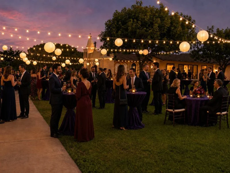 Outdoor wedding reception venue in Monterey at the FDES Portuguese Hall with evening string lights and guests.