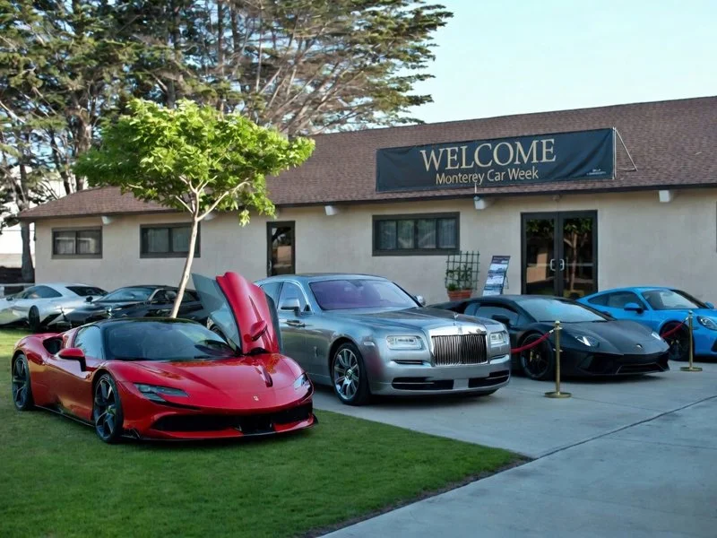 Monterey Car Week venue at the FDES Portuguese Hall of Monterey with luxury and exotic cars.