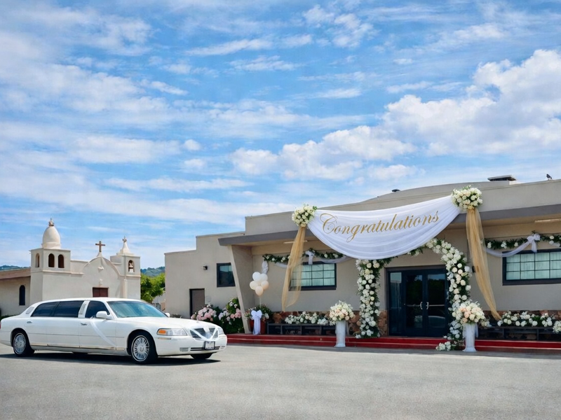 Monterey wedding venue entrance at the FDES Portuguese Hall of Monterey with decorated front hall and chapel.