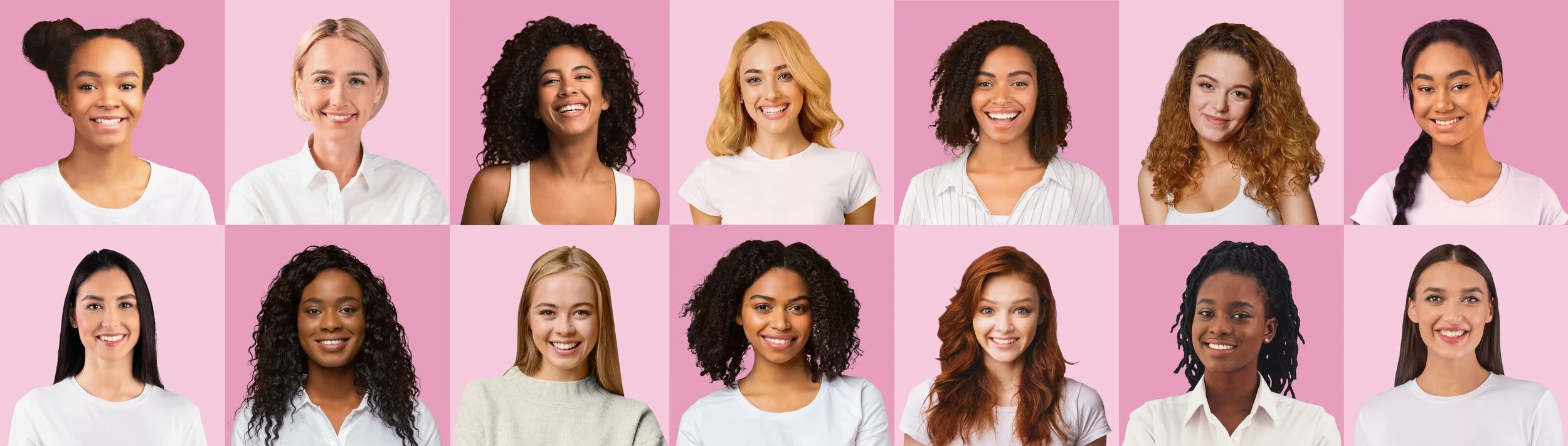 A collage of 14 women with diverse ethnicities, hair styles, and hair colors, all smiling, with pink backgrounds.