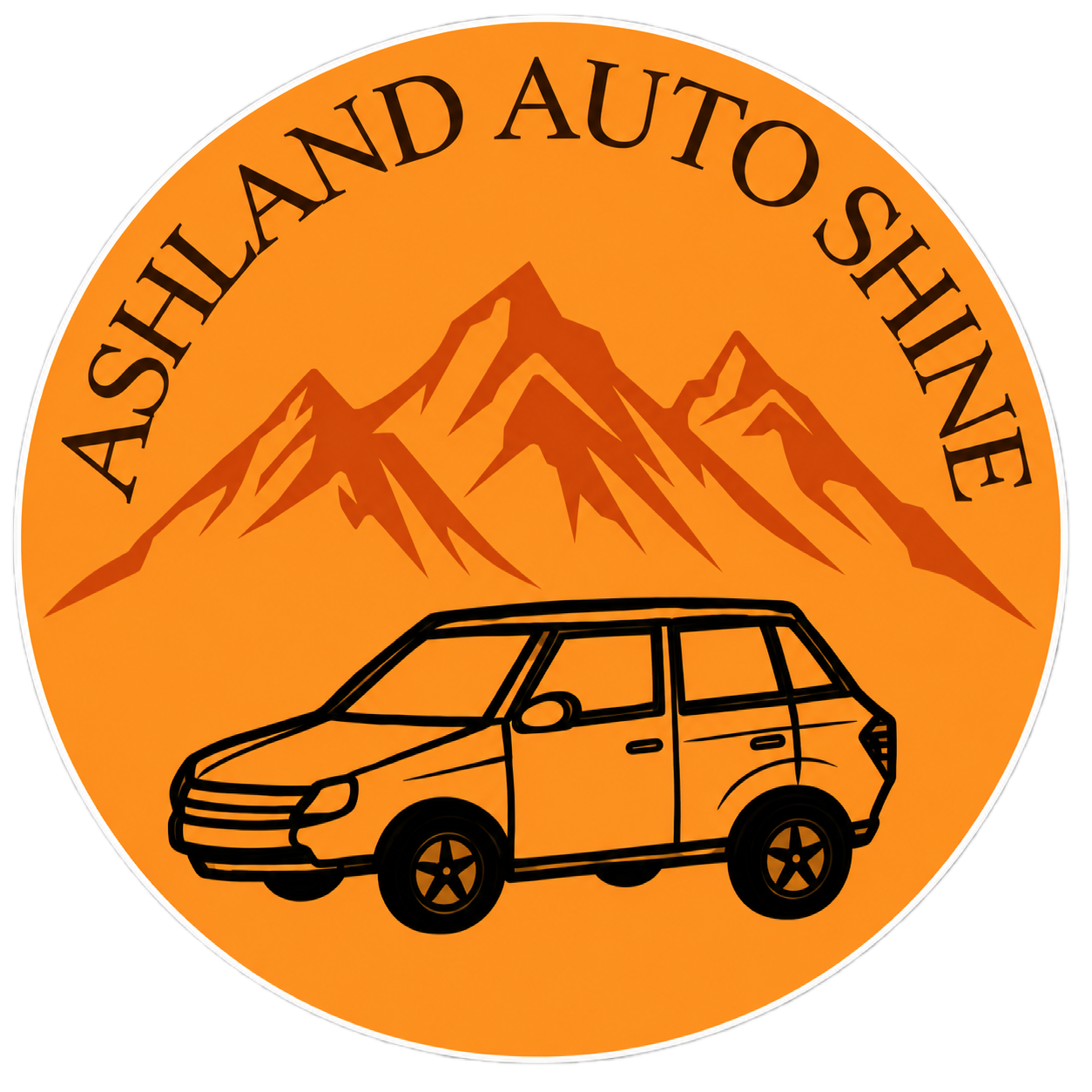 A circular logo with a black background, featuring an orange gradient interior with mountain silhouettes and a line drawing of an auto-shine/cleaning car, with the text 'ASHELAND AUTO SHINE' curved around the top of the circle.