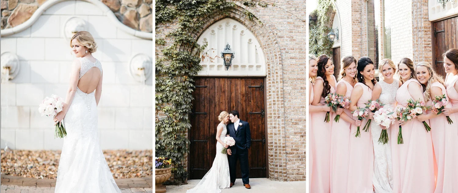 Collage of three wedding photos: the first shows a bride in a wedding dress holding a bouquet, standing outdoors; the second captures a couple kissing in front of a large wooden door with brick and ivy surroundings; the third features the bride with 