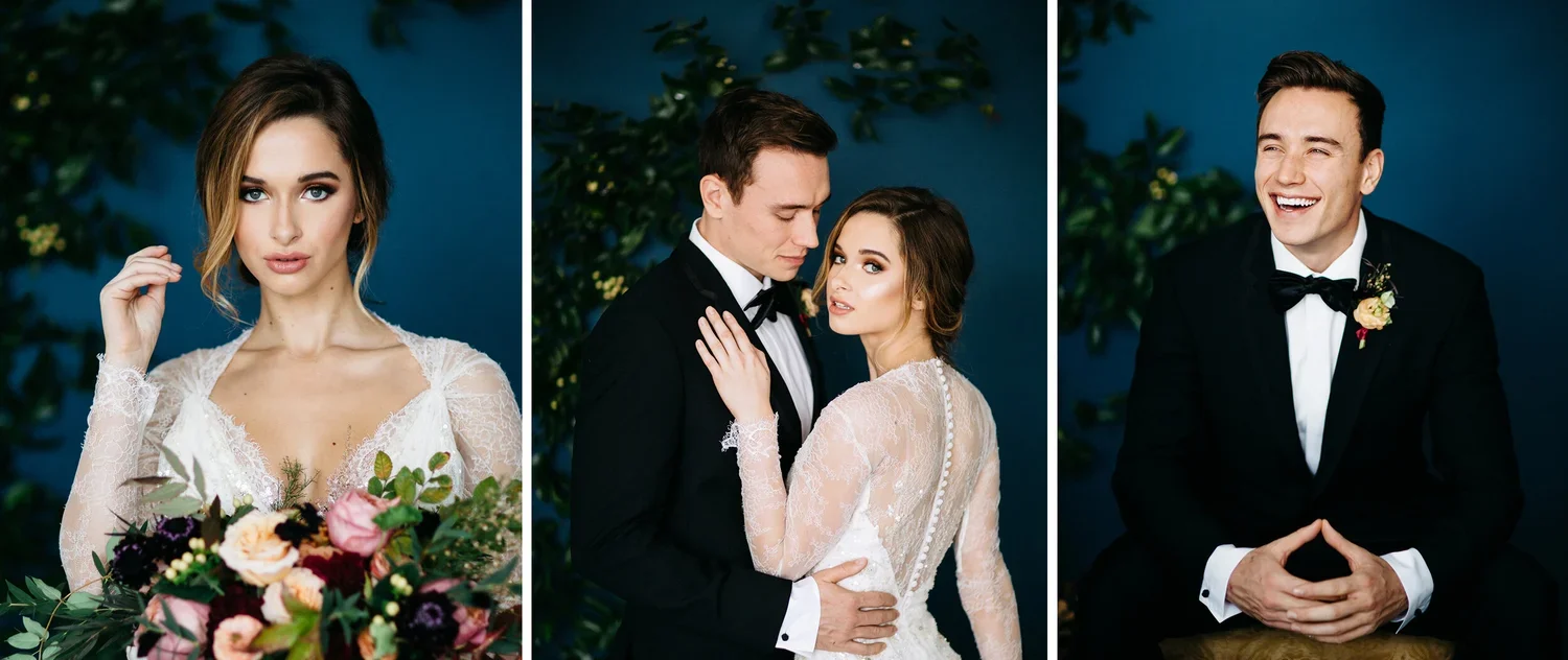 Three photos of a wedding theme with a woman in a lace wedding dress and a man in a tuxedo, posing against a green leafy background. The woman has long brown hair, and the man has dark hair. In the first photo, the woman is holding a bouquet of flowe