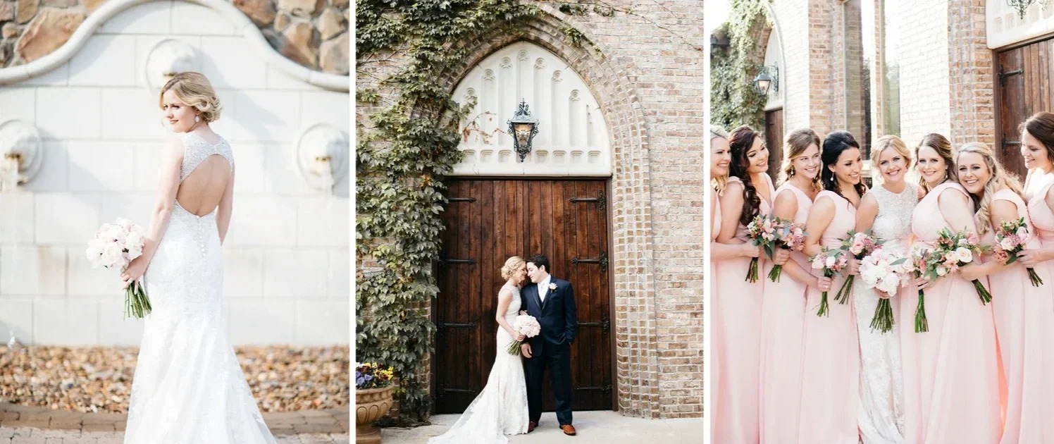 Collage of three wedding photos: the first shows a bride in a wedding dress holding a bouquet, standing outdoors; the second captures a couple kissing in front of a large wooden door with brick and ivy surroundings; the third features the bride with 